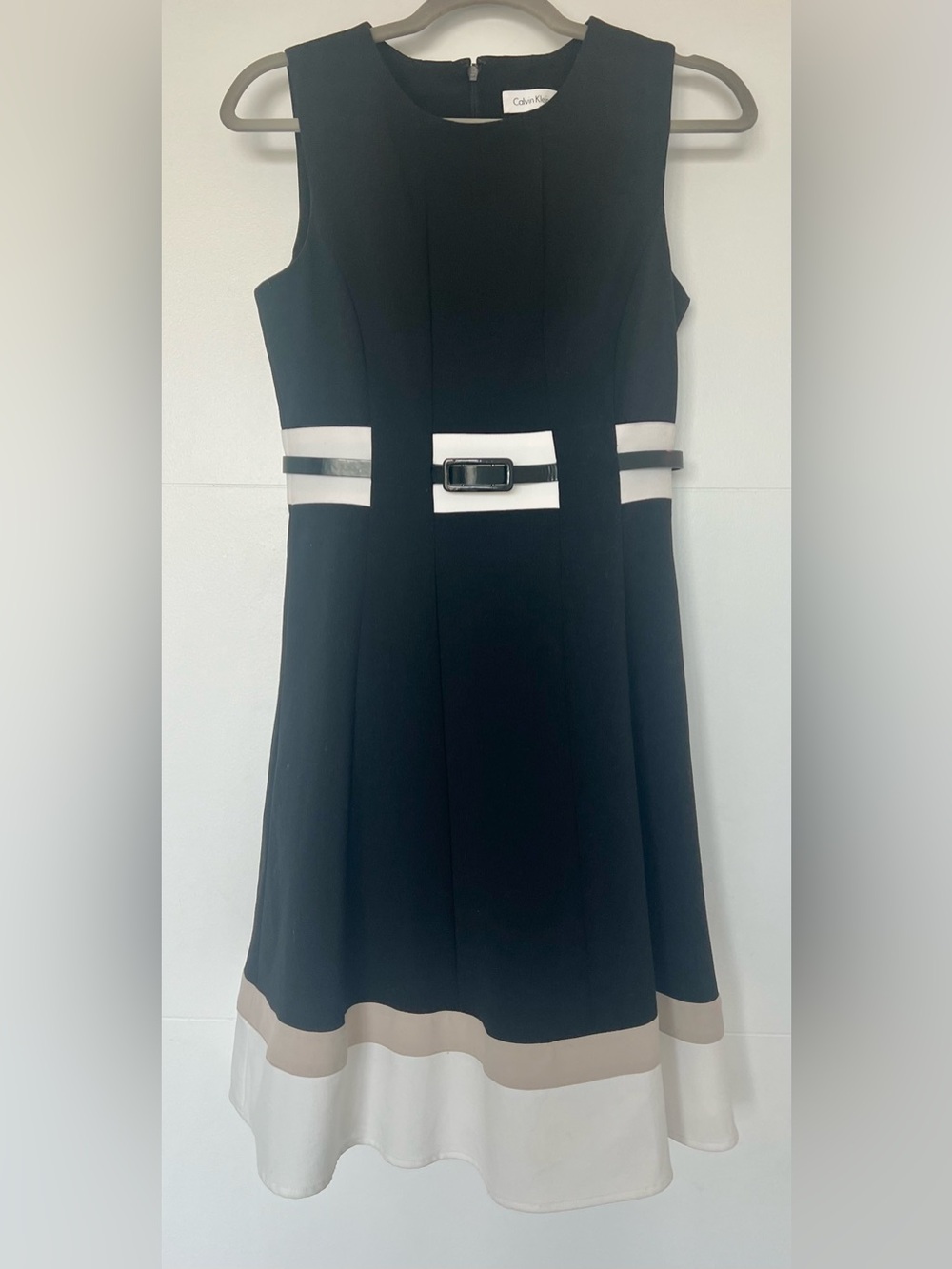 Calvin Klein Women’s 4 Navy White Colorblock Belted Fit & Flare Dress Lined